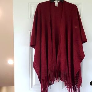 3 / $15 Soft fringed wine colored poncho style throw sweater